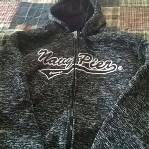 Navy Pier black marled zip hoodie.